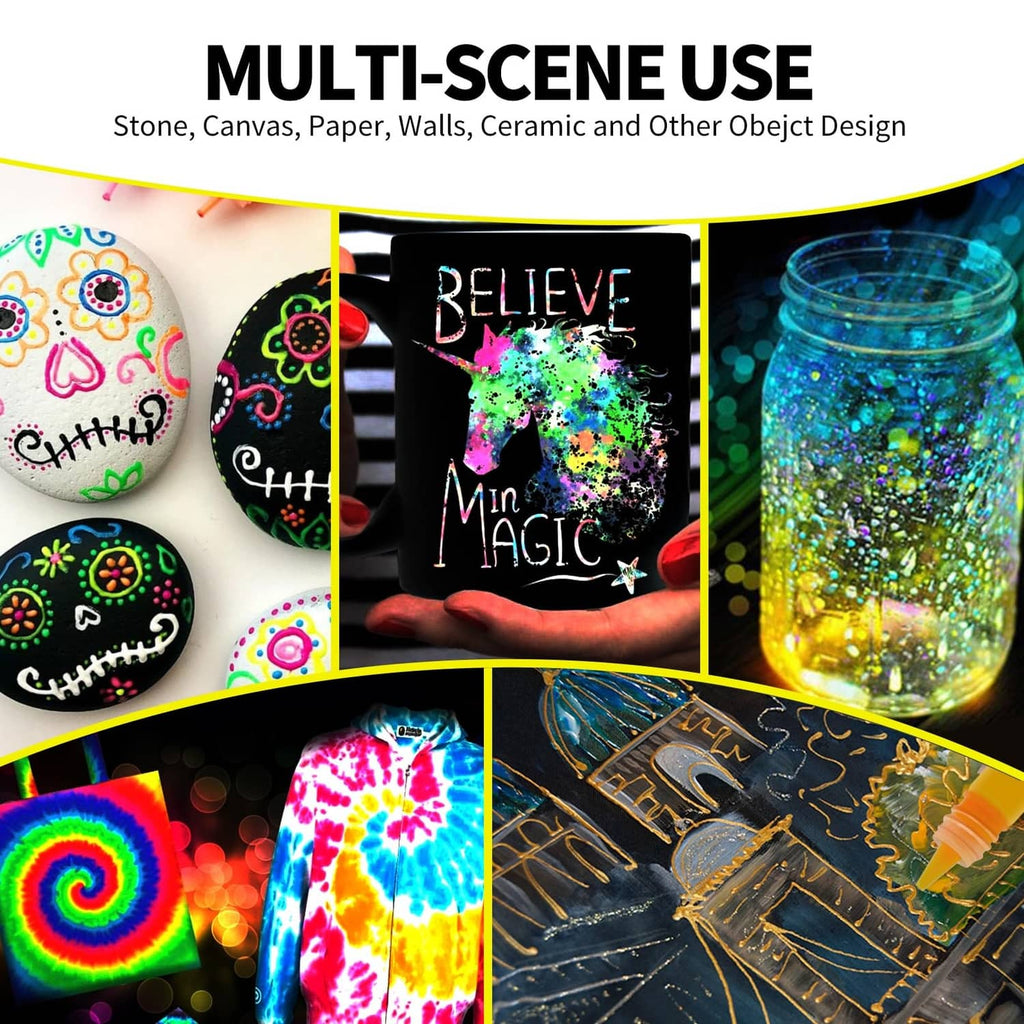 Glow acrylic paint for multi-scene art on objects and surfaces, including stones and jars