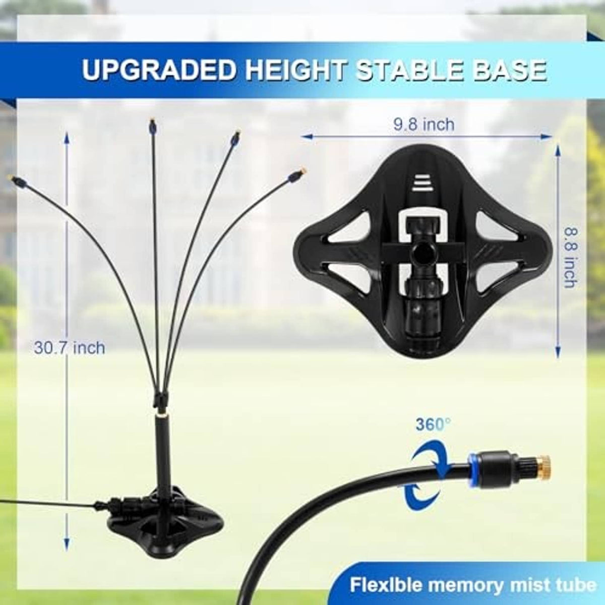 Black standing misting tower base with central sprayer and branching tubing connectors