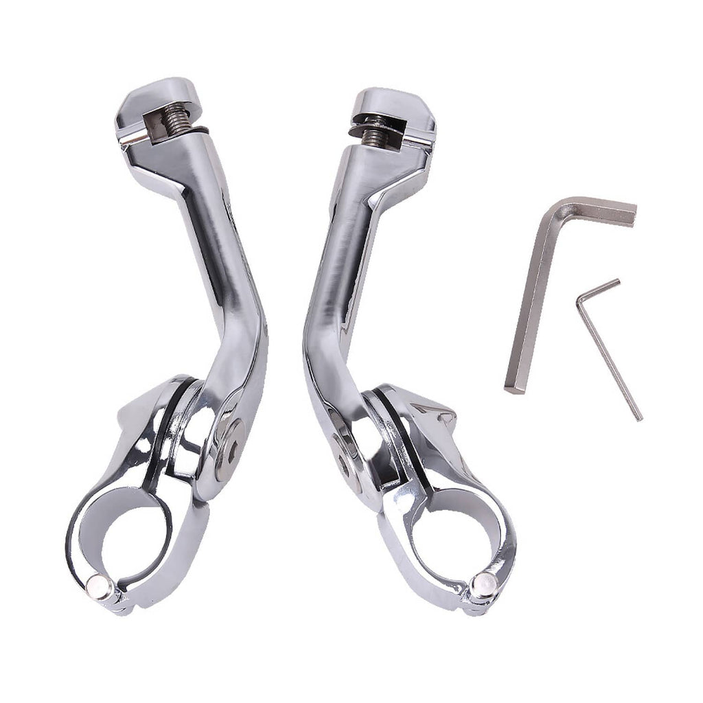 Chrome long highway foot pegs set with black inserts, mounting bolts, and hex key