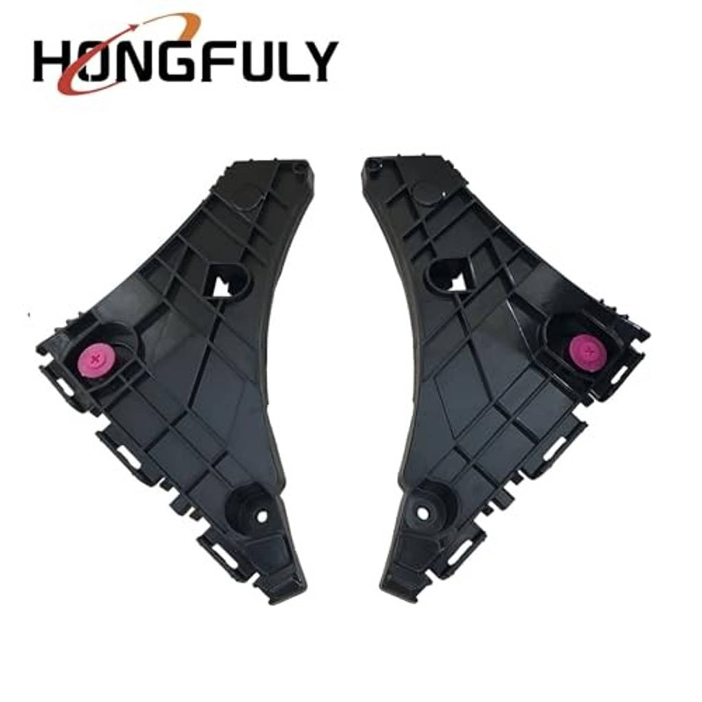 Two black front bumper bracket mounting supports with circular cutouts and pink retainers