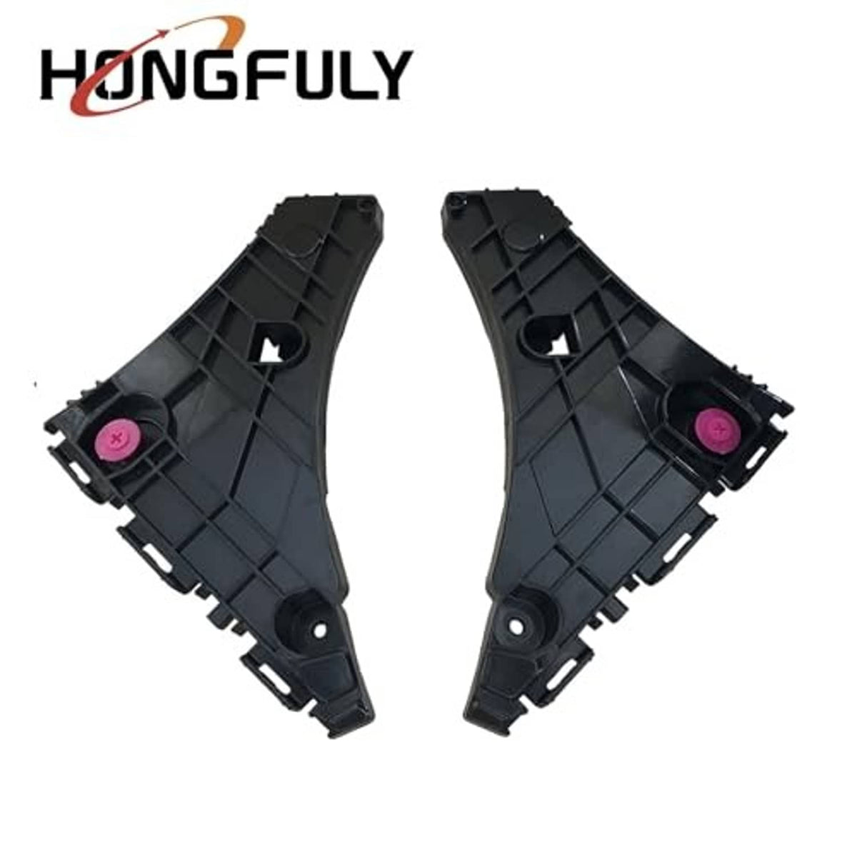 Two black front bumper bracket mounting supports with circular cutouts and pink retainers