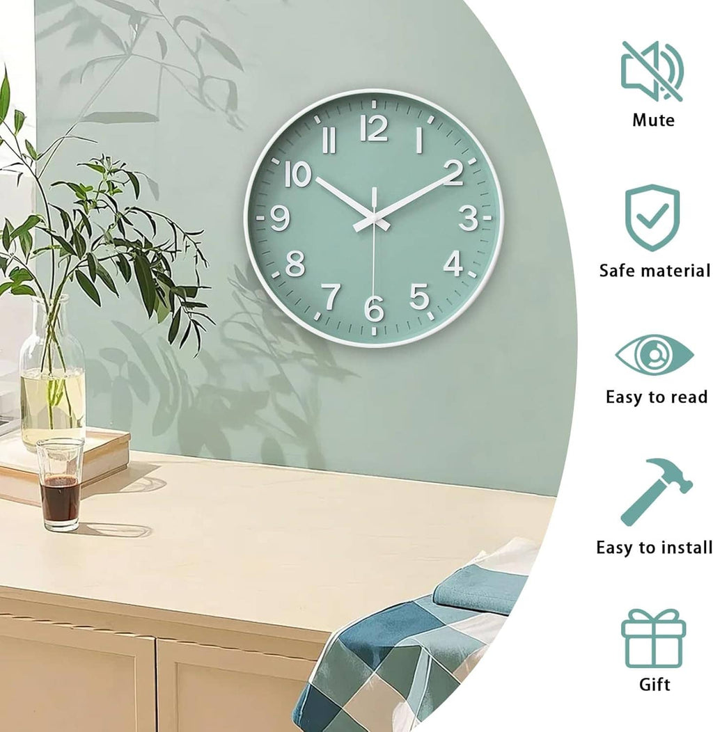 Round green wall clock with white hour numerals and minute track, mounted on wall.