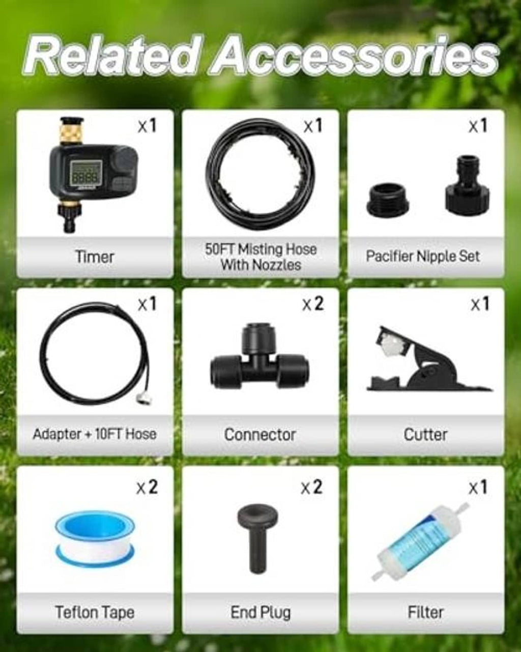 Misting system accessory set: timer, hose, connectors, nozzles, tape, end plug, filter
