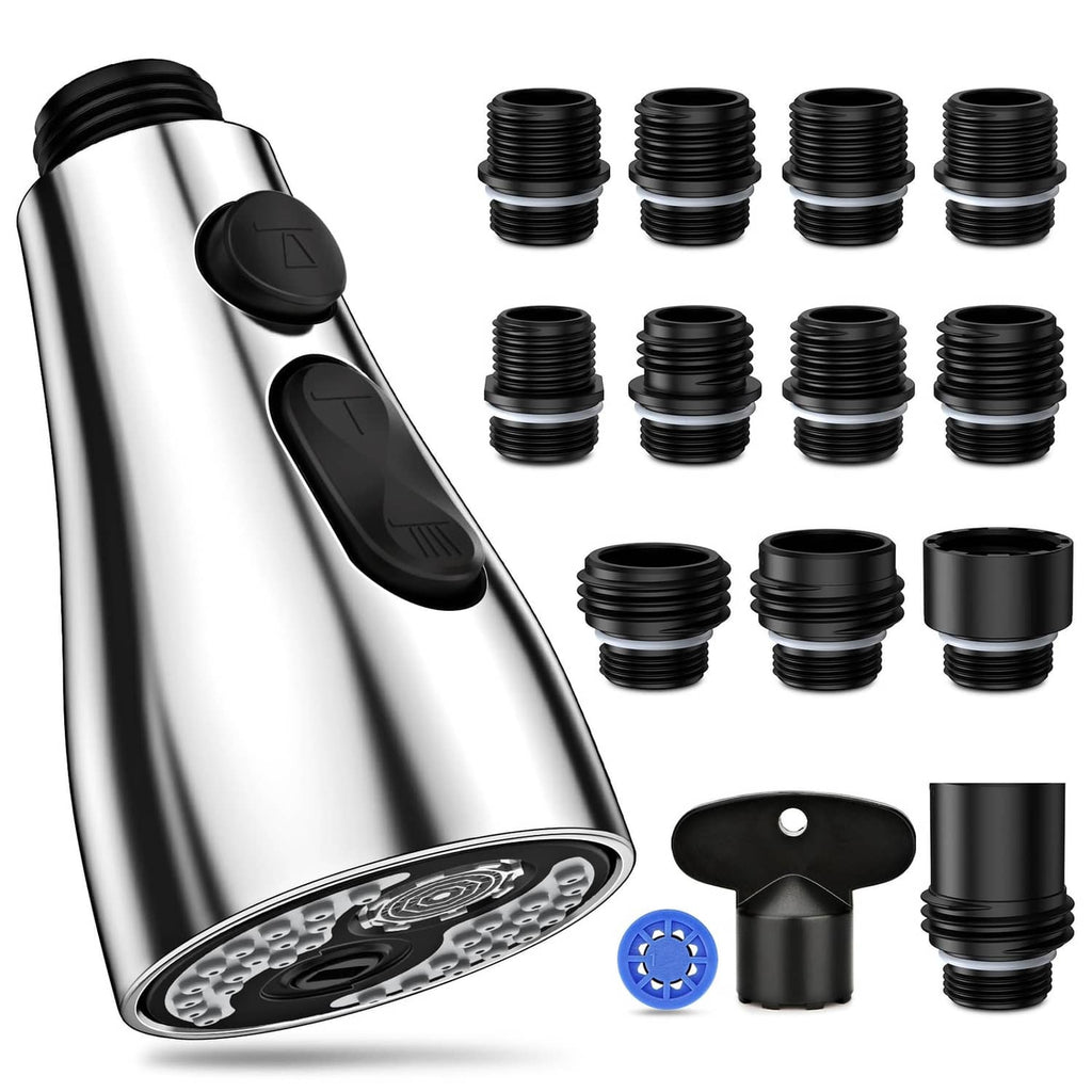 Chrome kitchen faucet spray head with black 3-mode control buttons and aerator