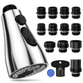 Chrome kitchen faucet spray head with black 3-mode control buttons and aerator