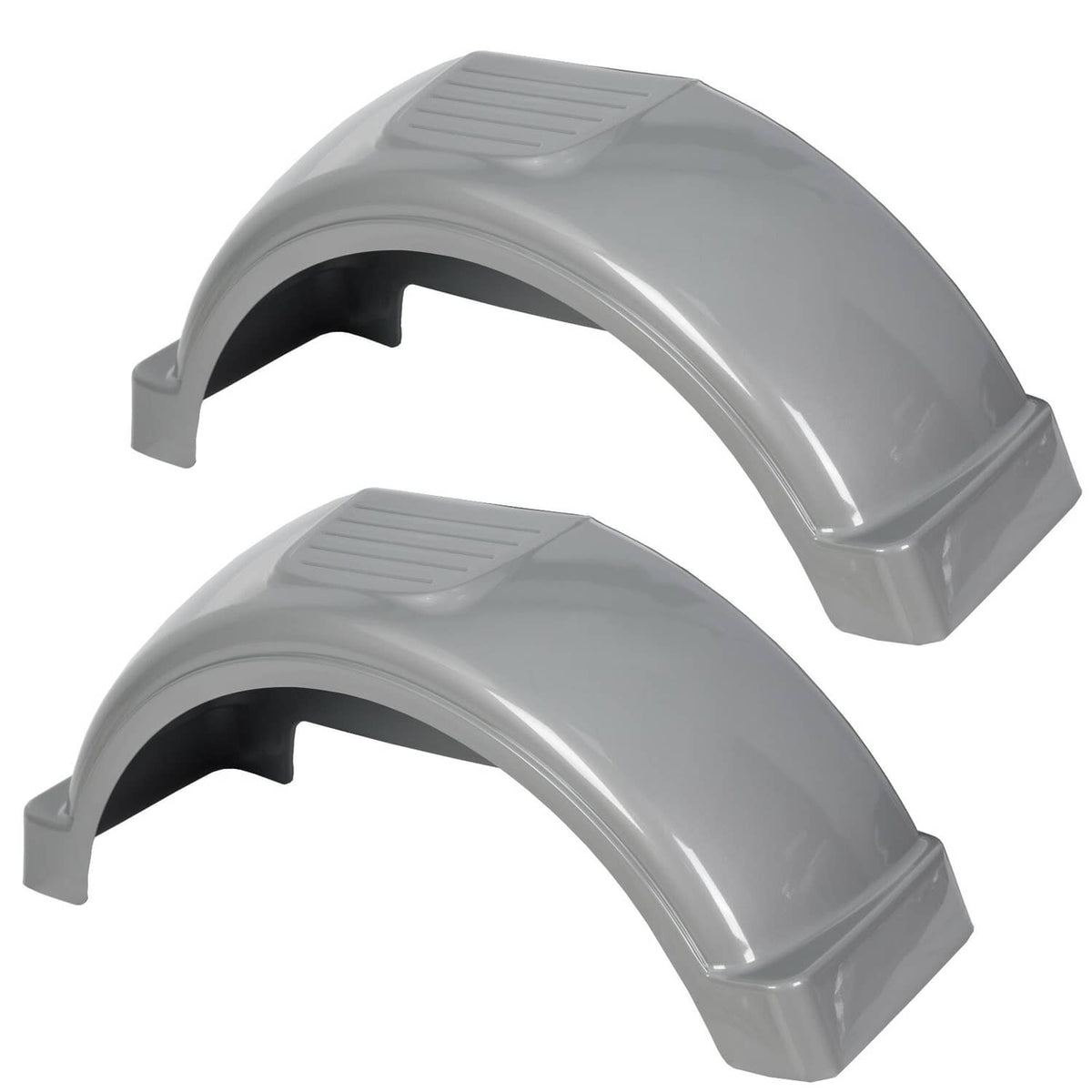 Gray plastic trailer wheel fender, pair, curved coverage with vented top panels