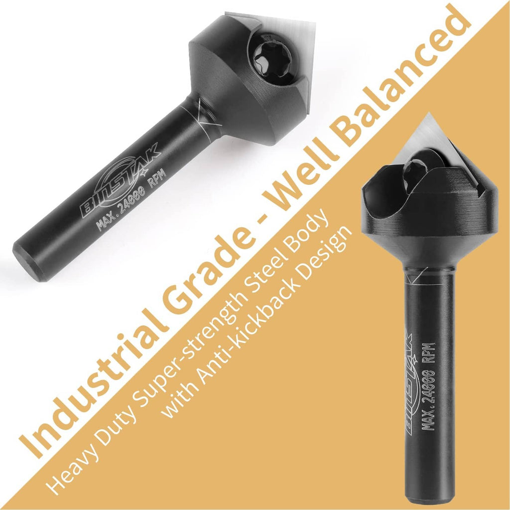 90° V-groove router bit with square carbide insert, shown from two angles