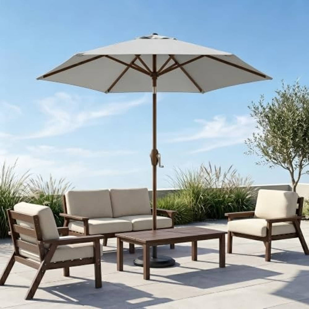 Open light gray patio umbrella with wooden pole and cross ribs