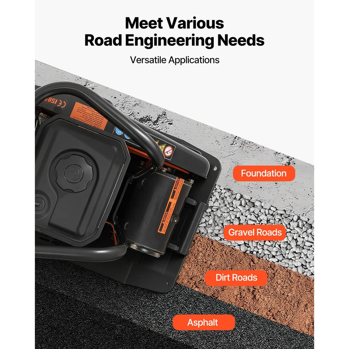 Orange and black plate compactor for asphalt, gravel, dirt roads, and foundations