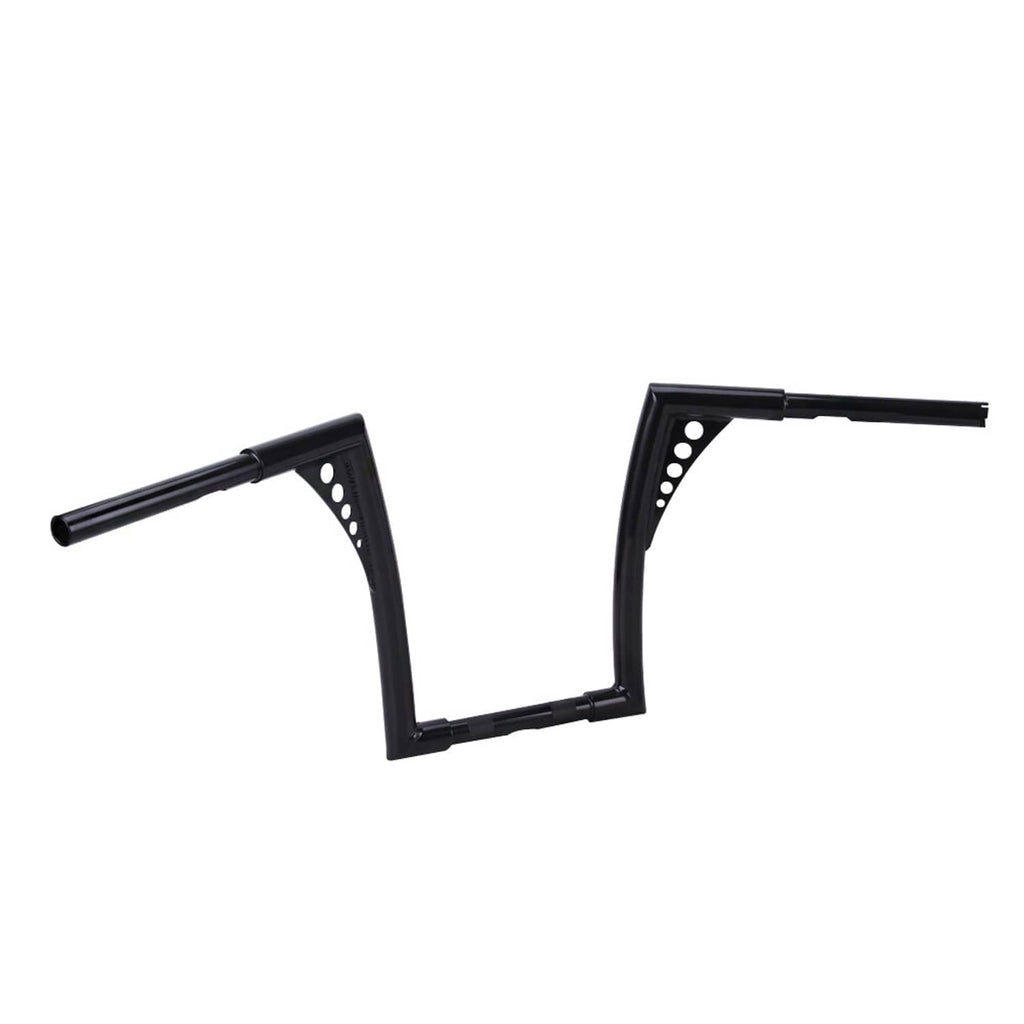 14 inch rise ape hanger handlebar, black metal with angled grips and drilled side plate