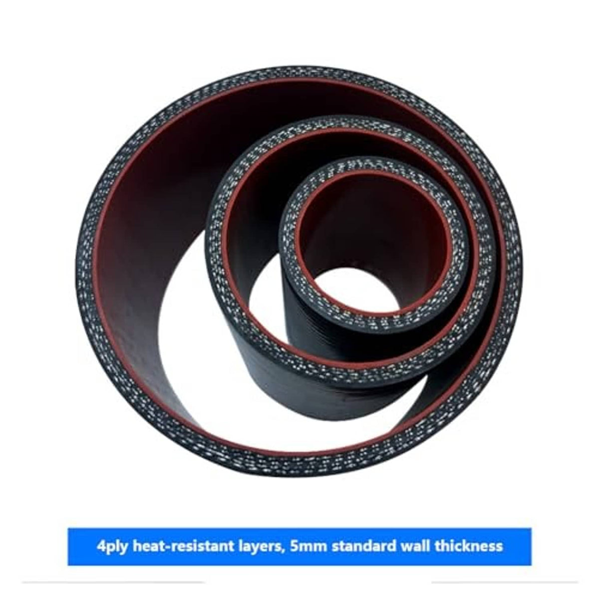 Rolled black silicone hose coupler with red inner lining and textured outer edge