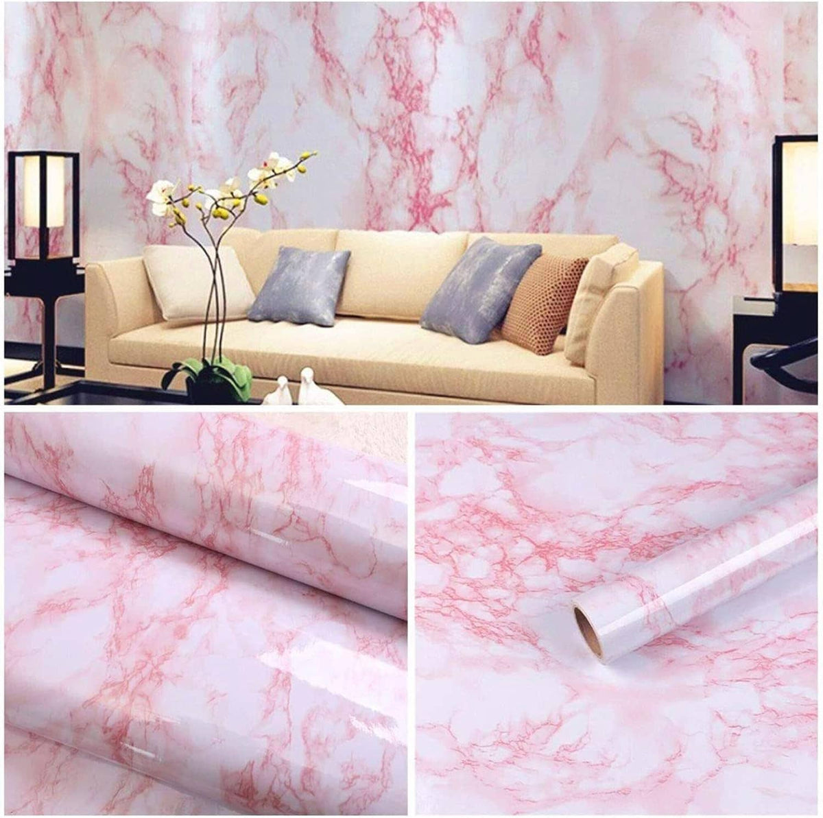 Pink marble peel-and-stick surface film with rolled edge and layered section