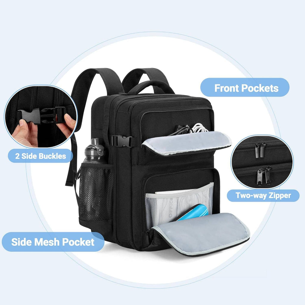 Black projector backpack with front pockets, side mesh pocket, and two-way zipper pulls.
