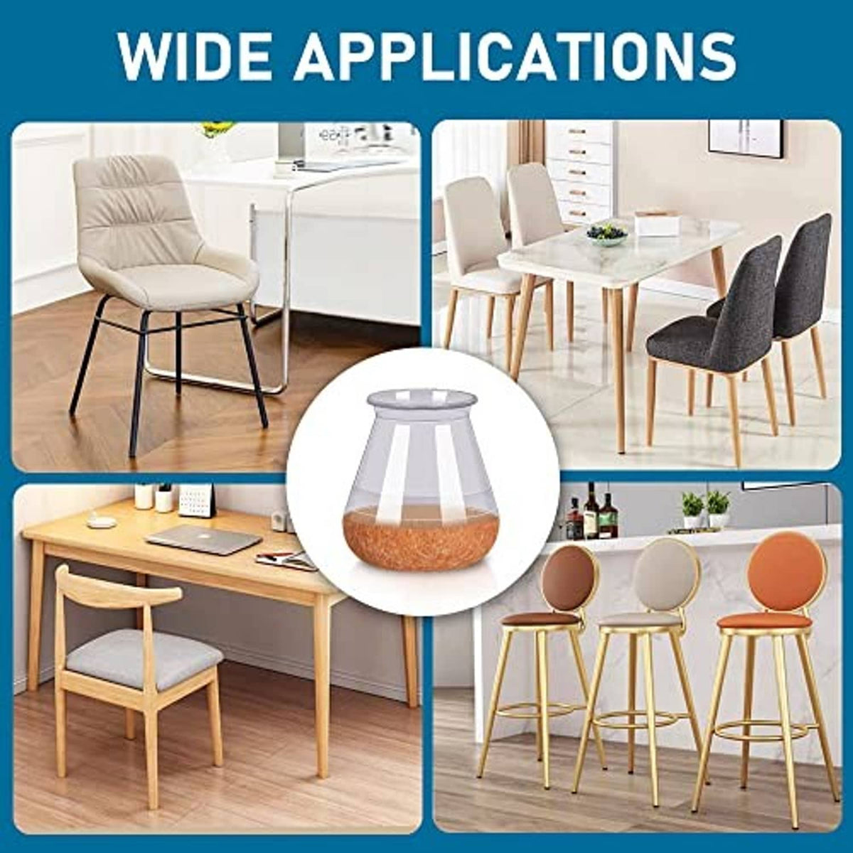 Chair leg floor protectors shown on chairs and stools with brown felt bottoms