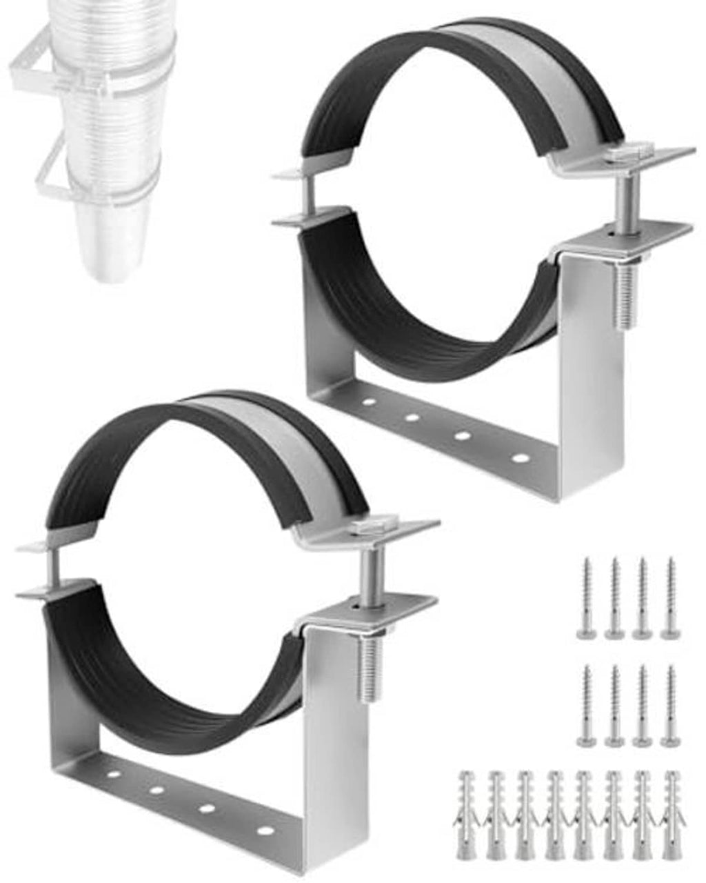 Pair of stainless split ring pipe hangers with black straps, wall bases, and threaded screws