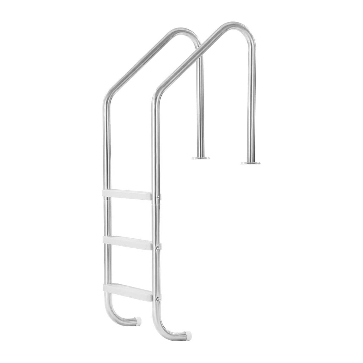 Front view stainless steel 3-step inground pool ladder with double handrails and curved feet
