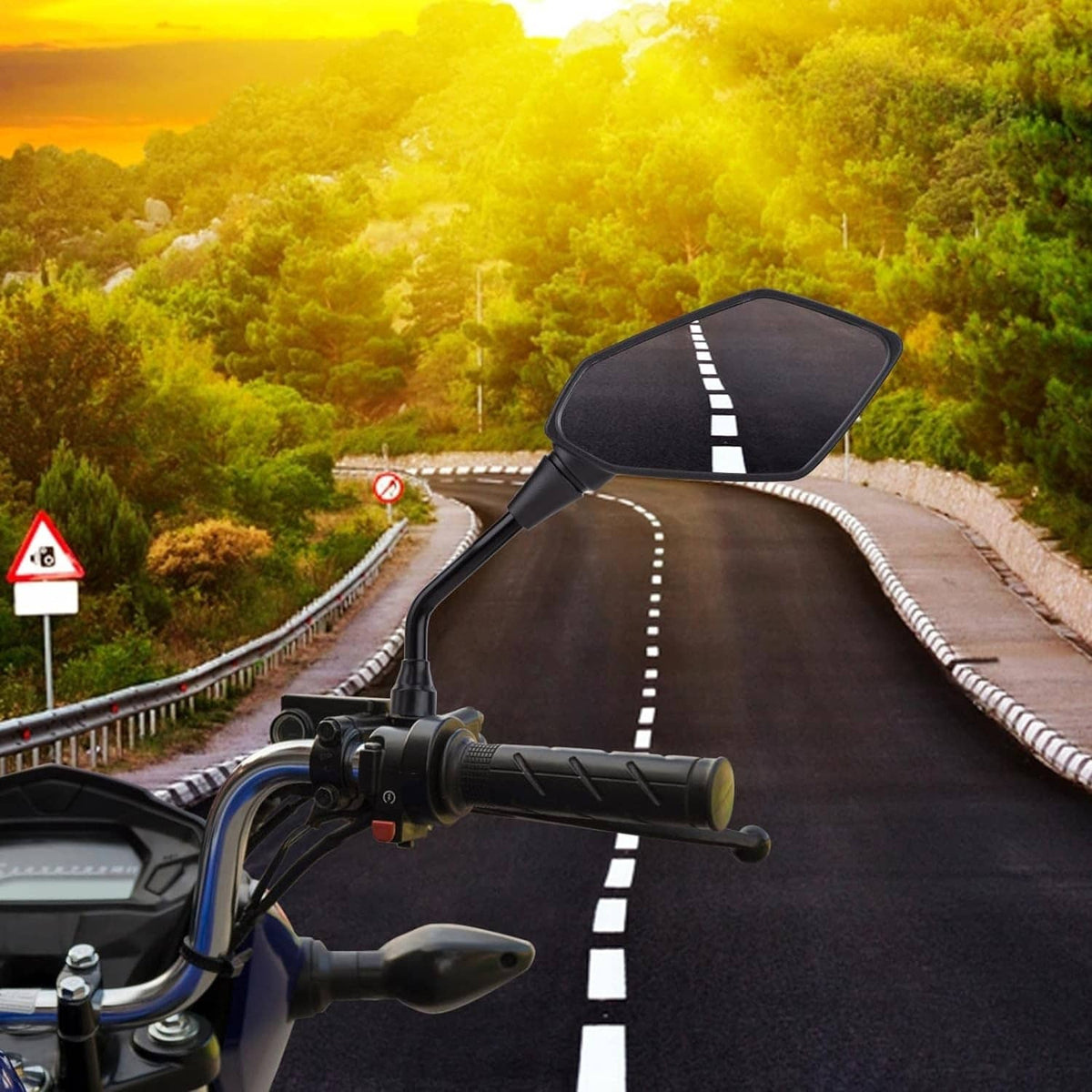 Vehicle handlebar-mounted rear-view mirror with black frame and curved stem