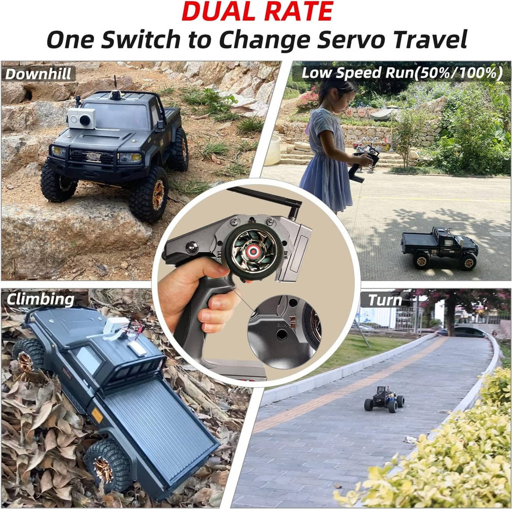 RC transmitter with steering wheel and trigger grip, shown controlling an off-road RC car