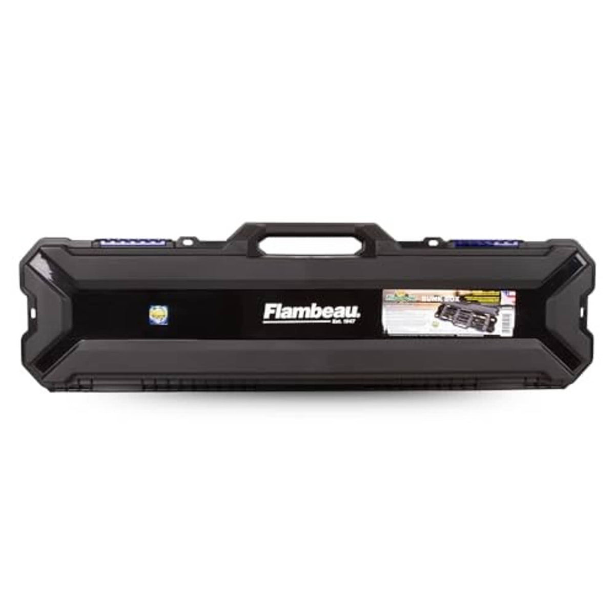 Black Flambeau rod bunk box with carry handle and streamlined latches for storage.