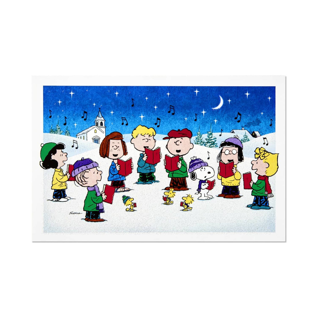 Holiday greeting card featuring Peanuts characters caroling on a snowy blue night background