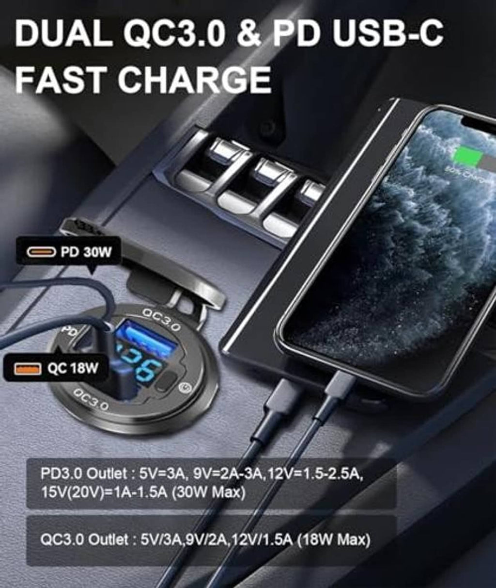 12V USB car outlet module showing PD USB-C and QC3.0 ports for fast charging