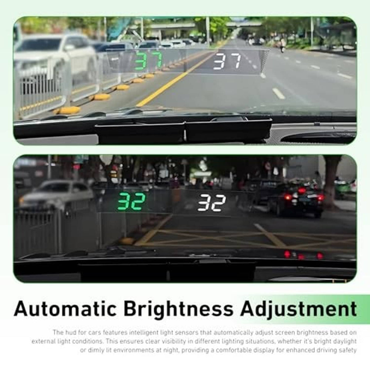 Car head-up display projecting 37 and 32 speed digits onto the windshield