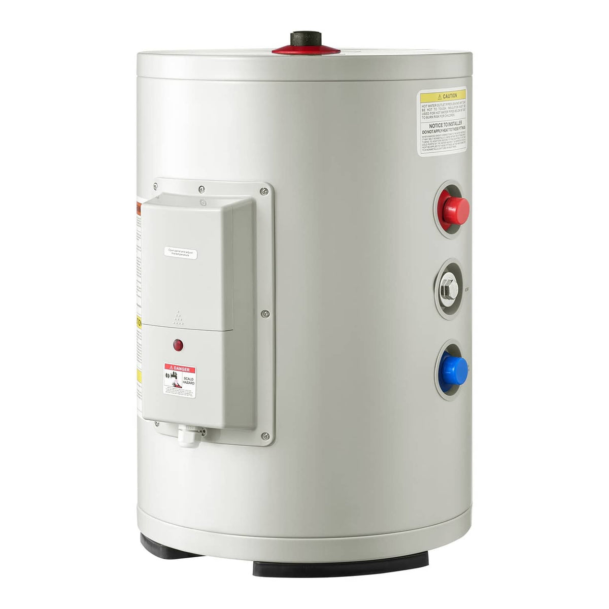 Electric water heater with side control buttons: red reset and blue indicator circles