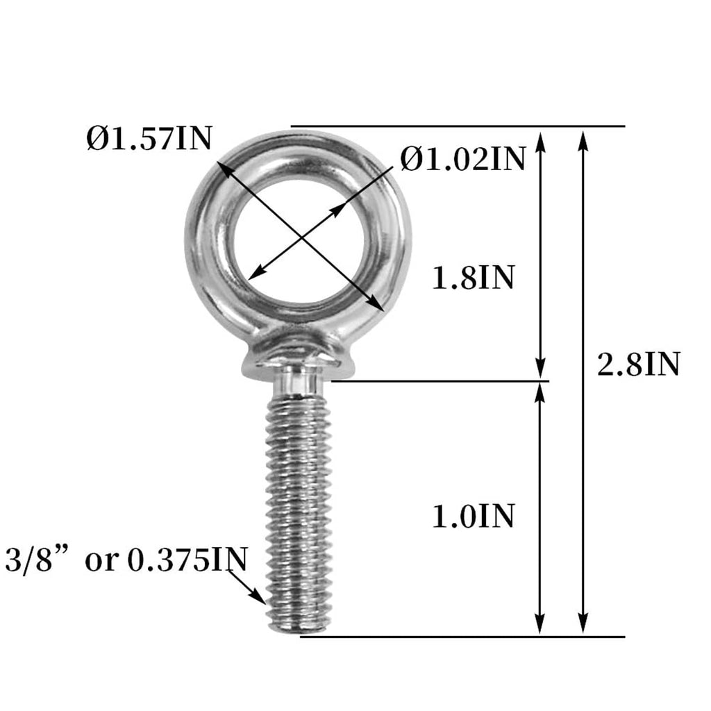 Silver lifting eye bolt with circular eye loop and threaded shank, with measurements