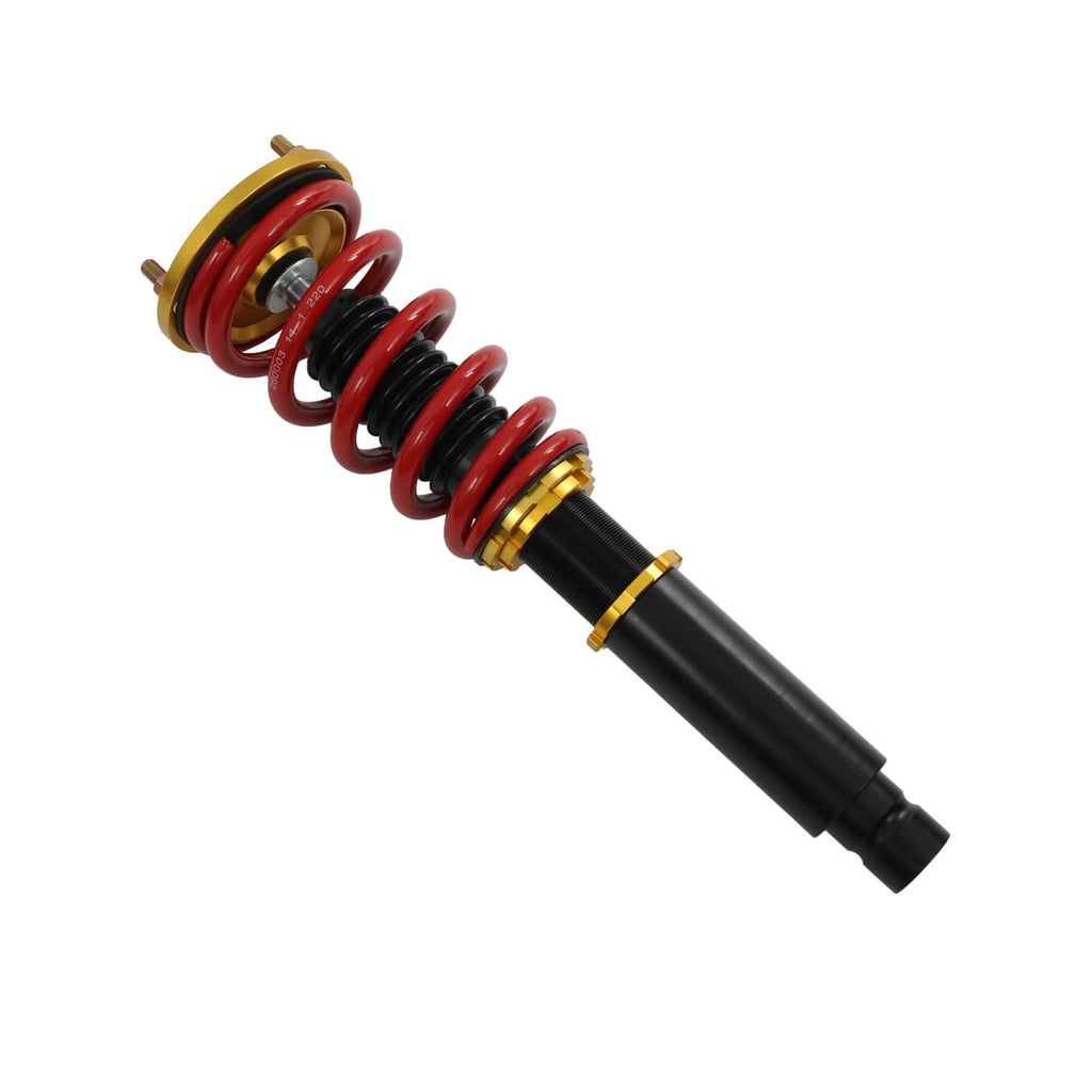 Single coilover shock with red coil spring, gold top mount, and black body
