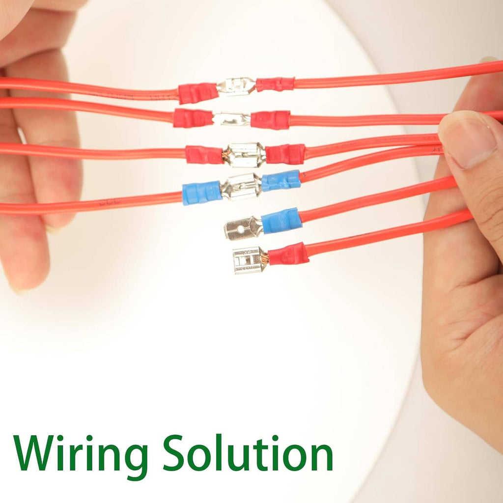 Multiple red and blue insulated crimp connectors with metal terminal ends