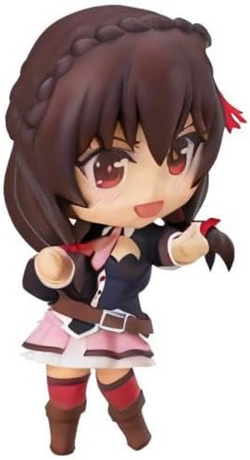 Chibi Nendoroid figure side pose with dark brown hair and gold horn; black top, pink skirt.