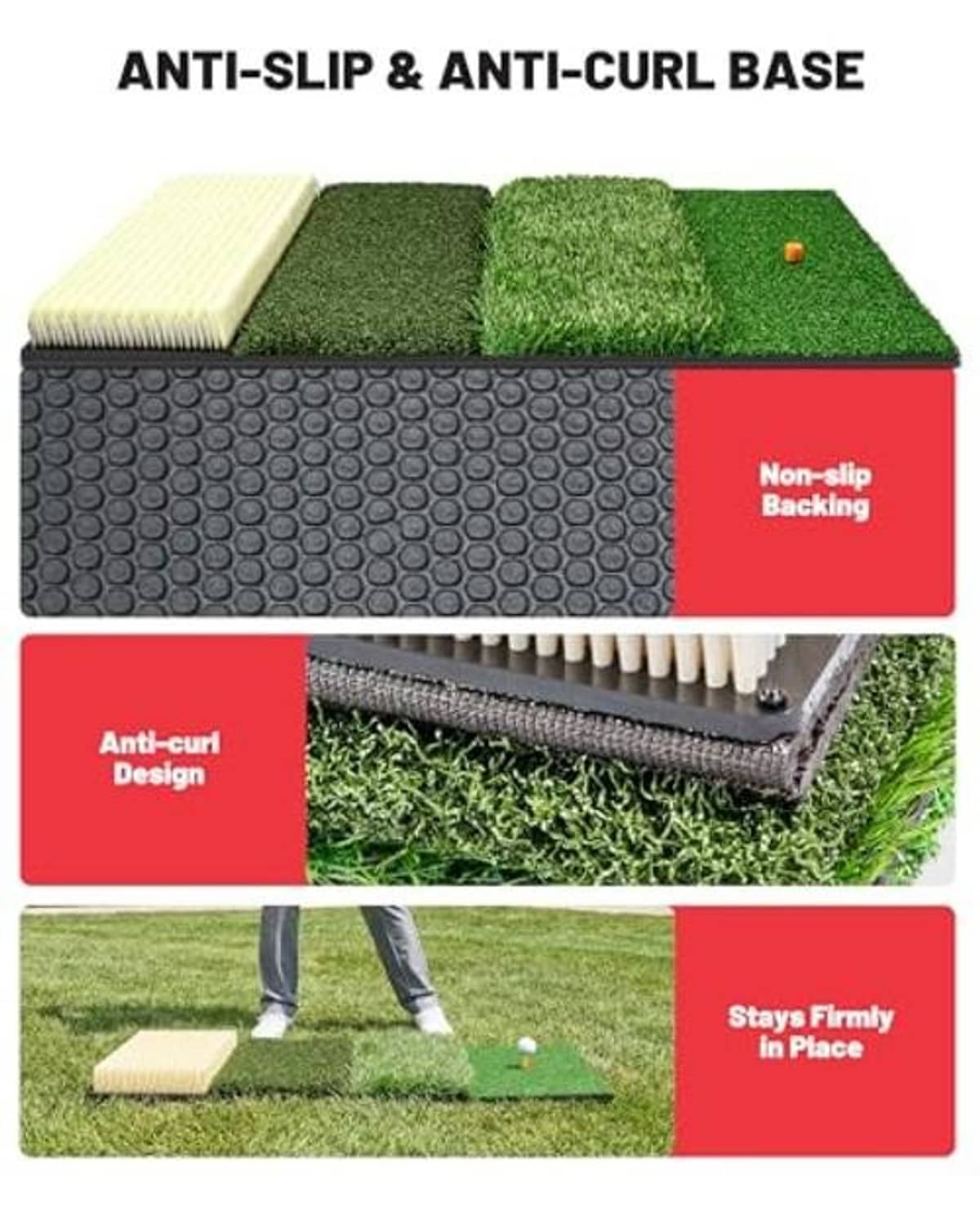 Golf hitting mat with non-slip backing and anti-curl base under four turf zones