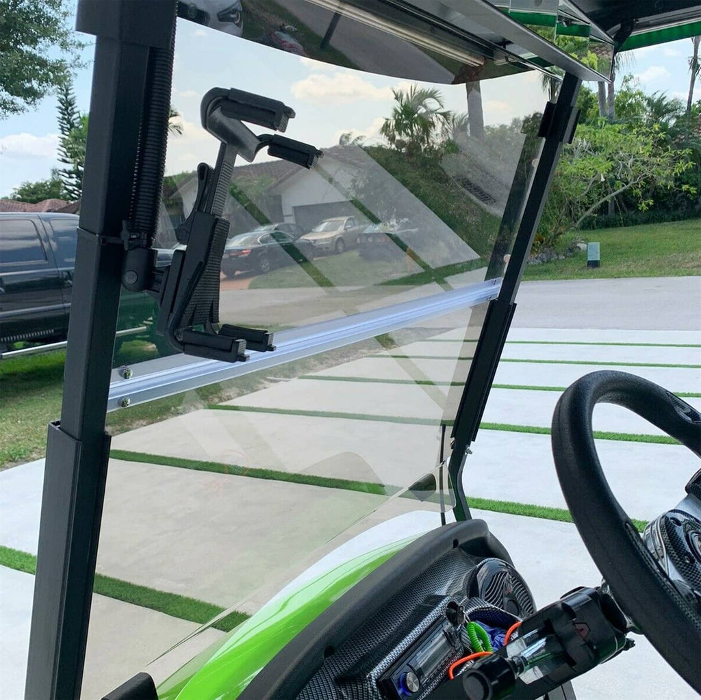 Fold-down tinted windshield section with black frame and mounting hardware