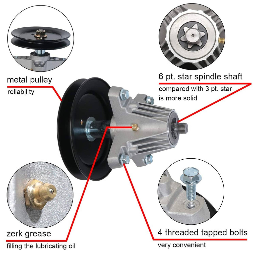 Spindle assembly with black pulley and star-style spindle shaft with grease point