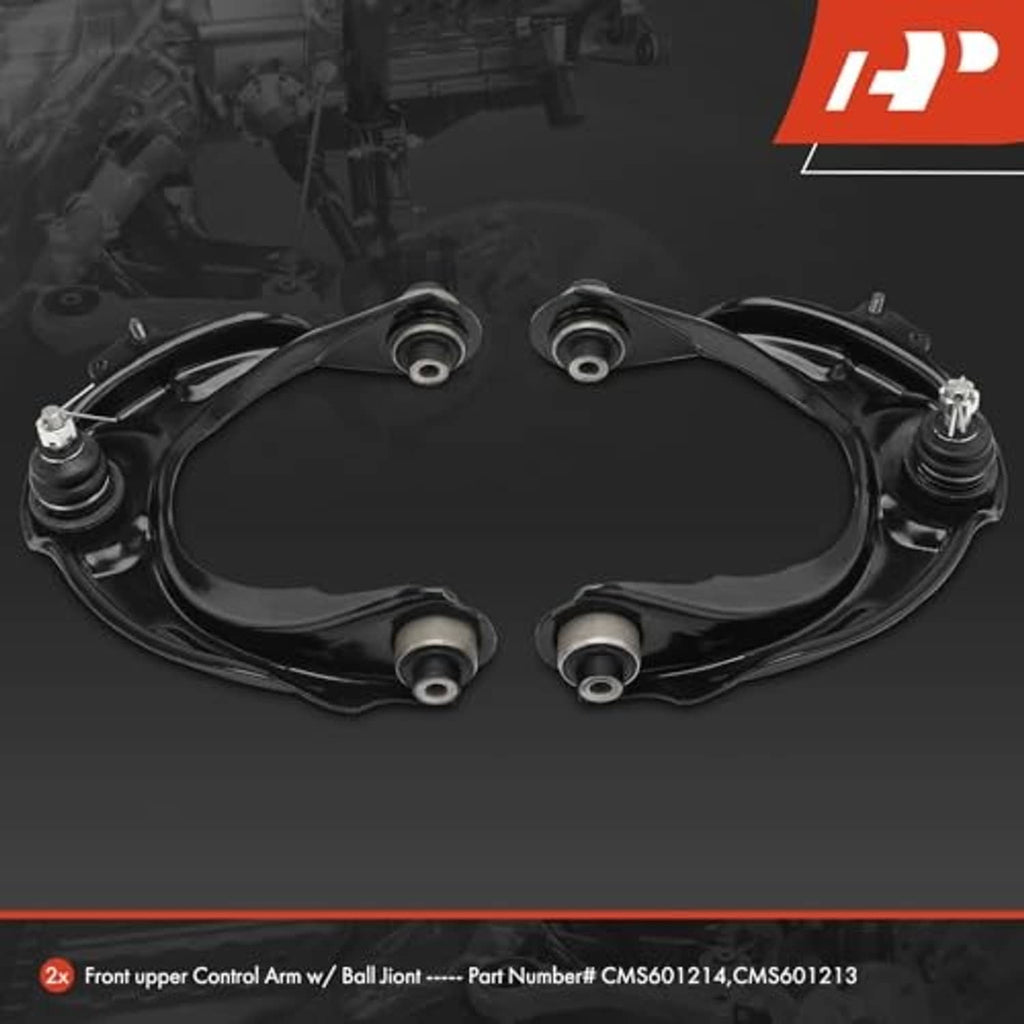Two front upper control arms with ball joints and rubber bushings in black
