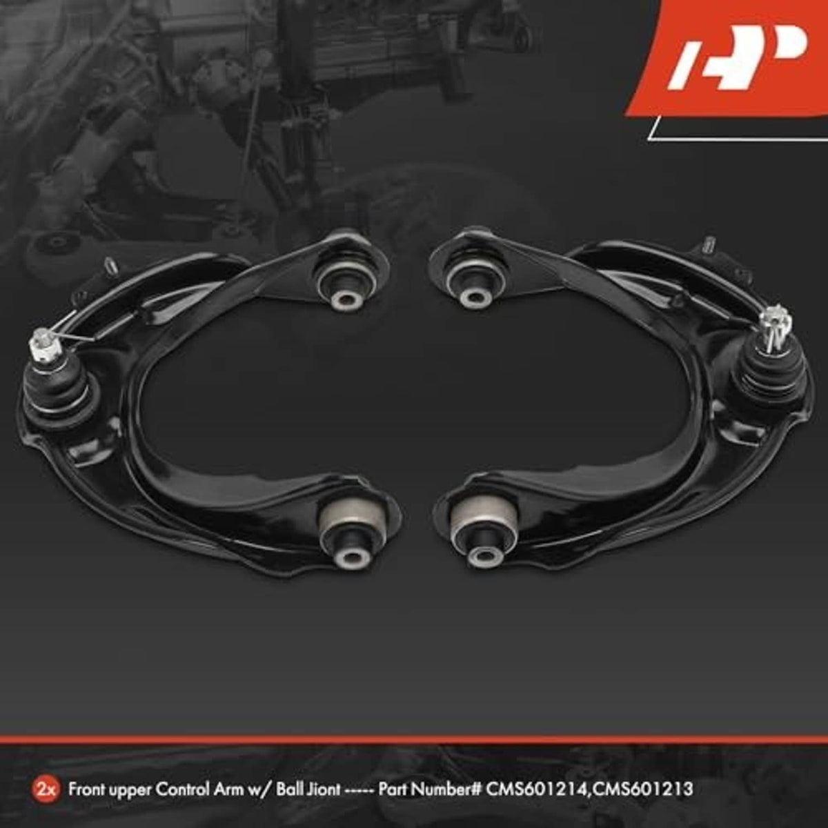 Two front upper control arms with ball joints and rubber bushings in black