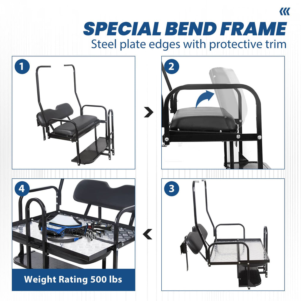 Rear flip seat kit frame details with black seats and protective trim edges
