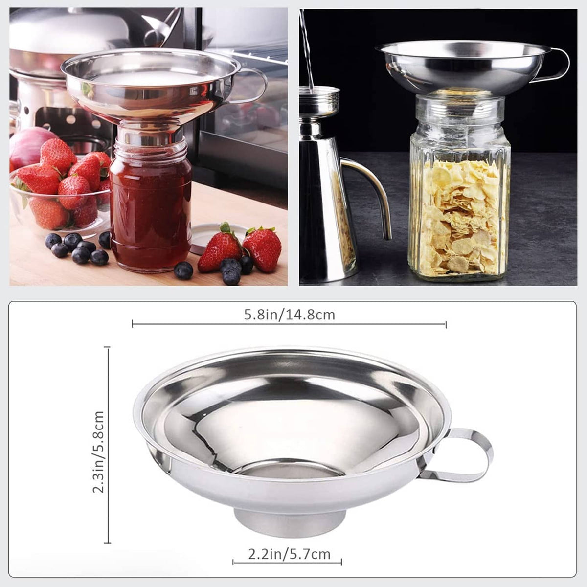 Stainless steel funnel with wide mouth, round bowl, and side handle; size shown