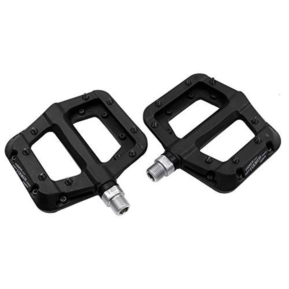 Two black MTB flat pedals with open platform and threaded axles, angled view