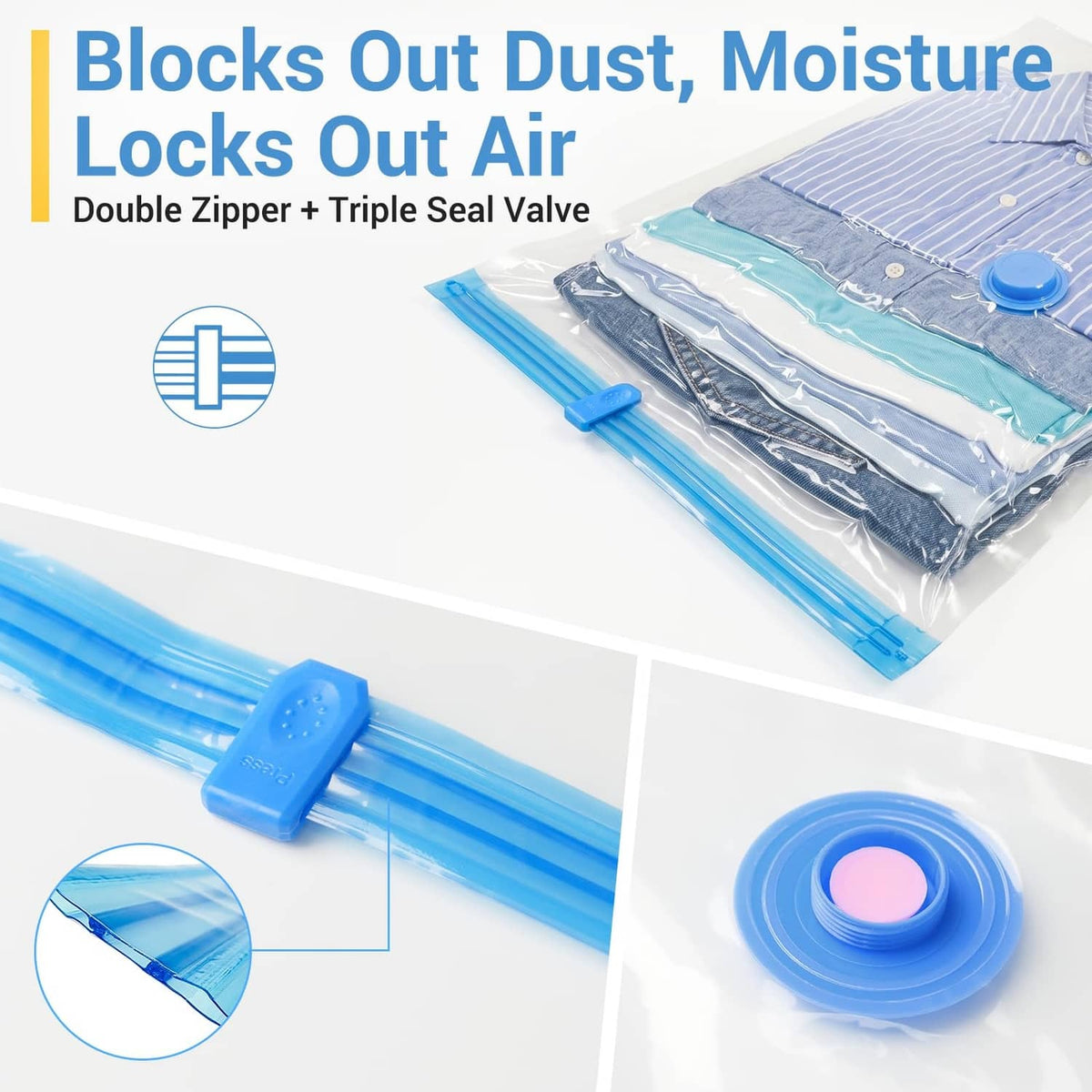 Clear vacuum storage bags with double zipper and triple seal valve plus blue hand pump