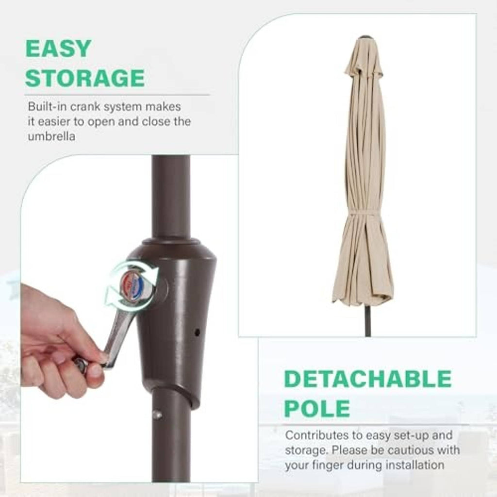 Beige patio umbrella with detachable pole and closed umbrella cover for storage