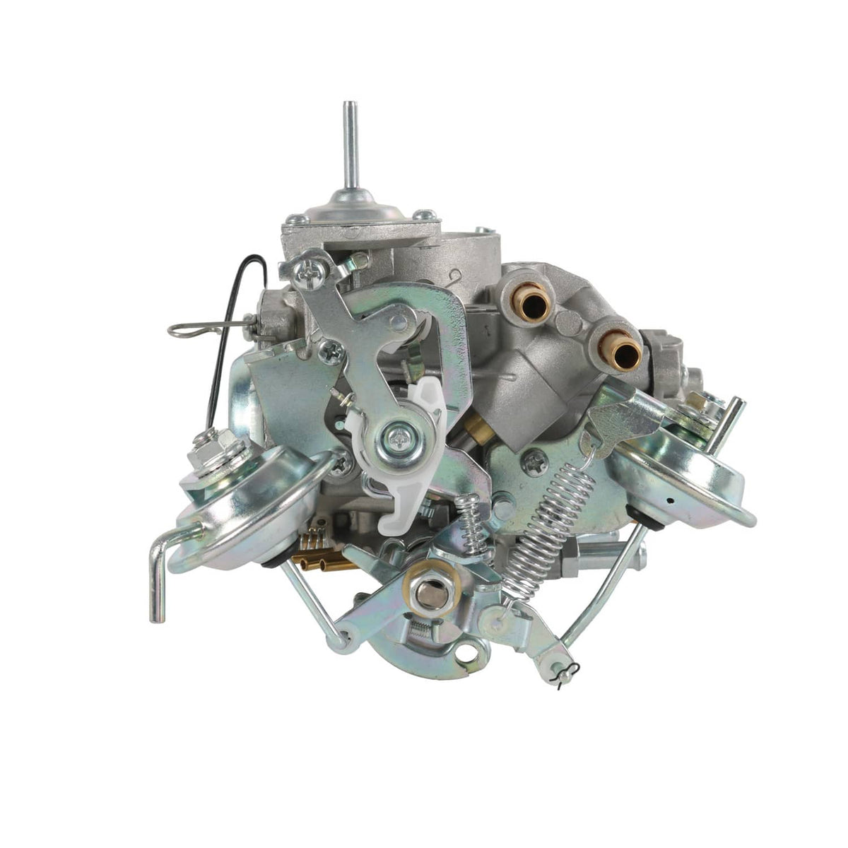 Carburetor assembly with two vacuum ports and throttle linkage, silver metal casing