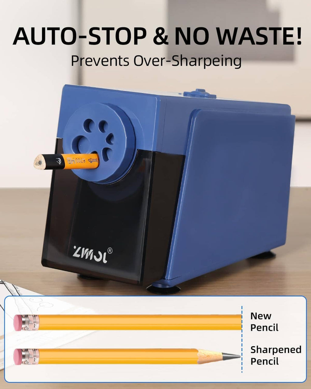 Blue electric pencil sharpener with pencil inserted and dark shavings outlet