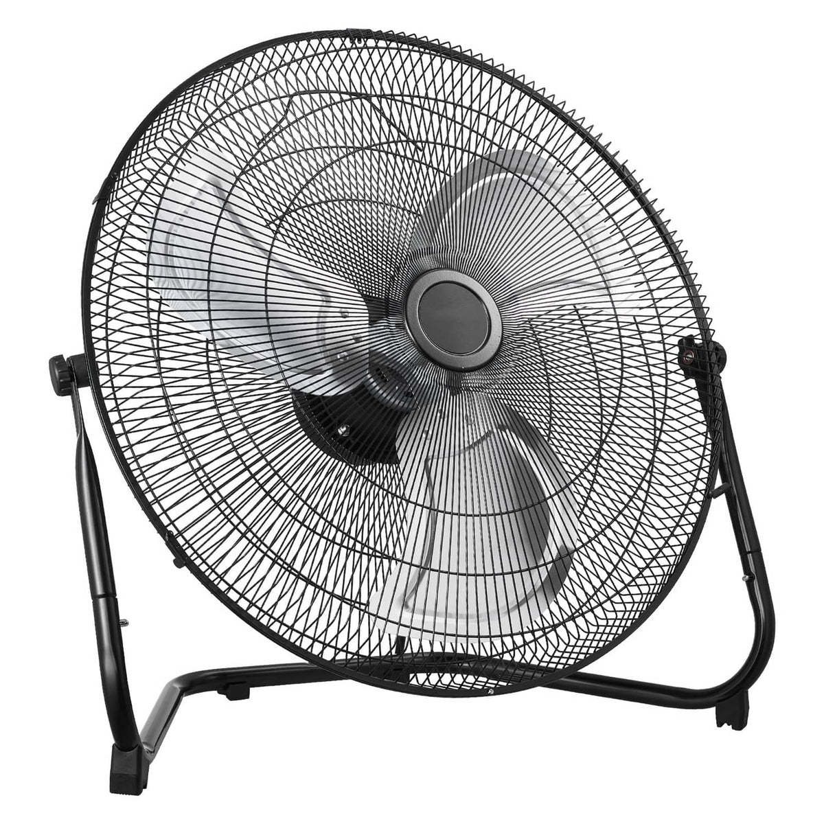 Black floor fan close-up showing wire grille and center motor hub on stand