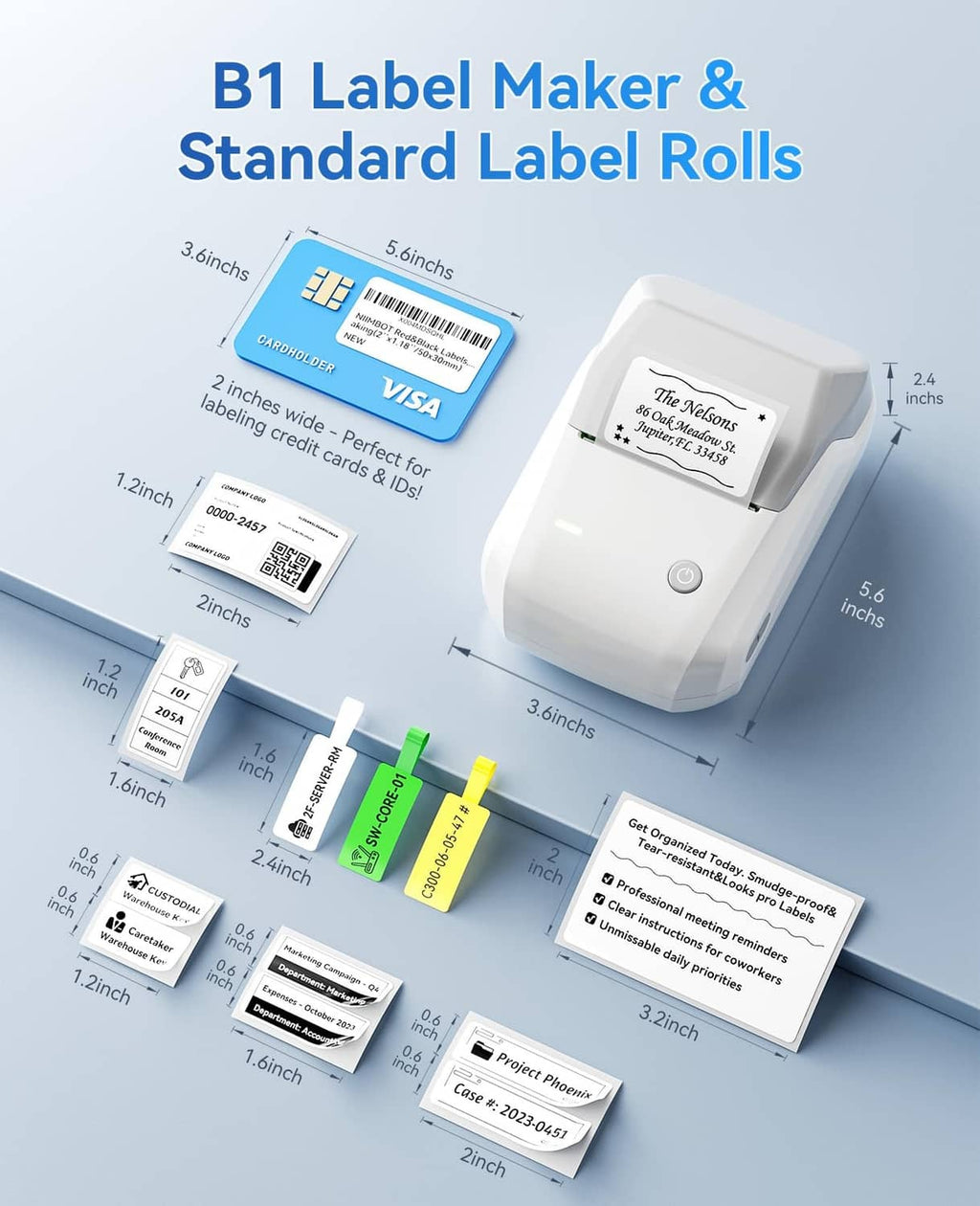 Grey label maker with label size guide and standard label roll examples