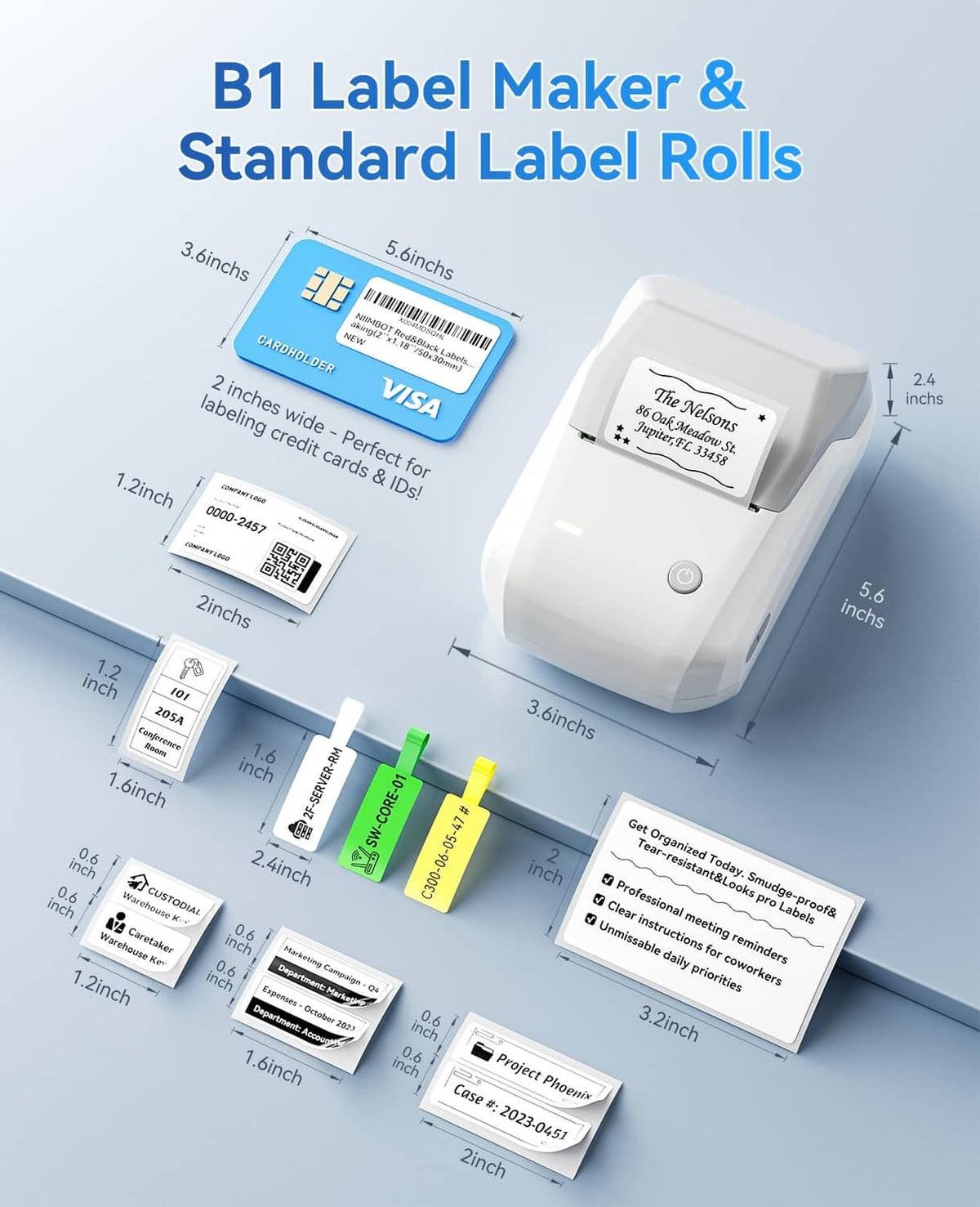 Grey label maker with label size guide and standard label roll examples