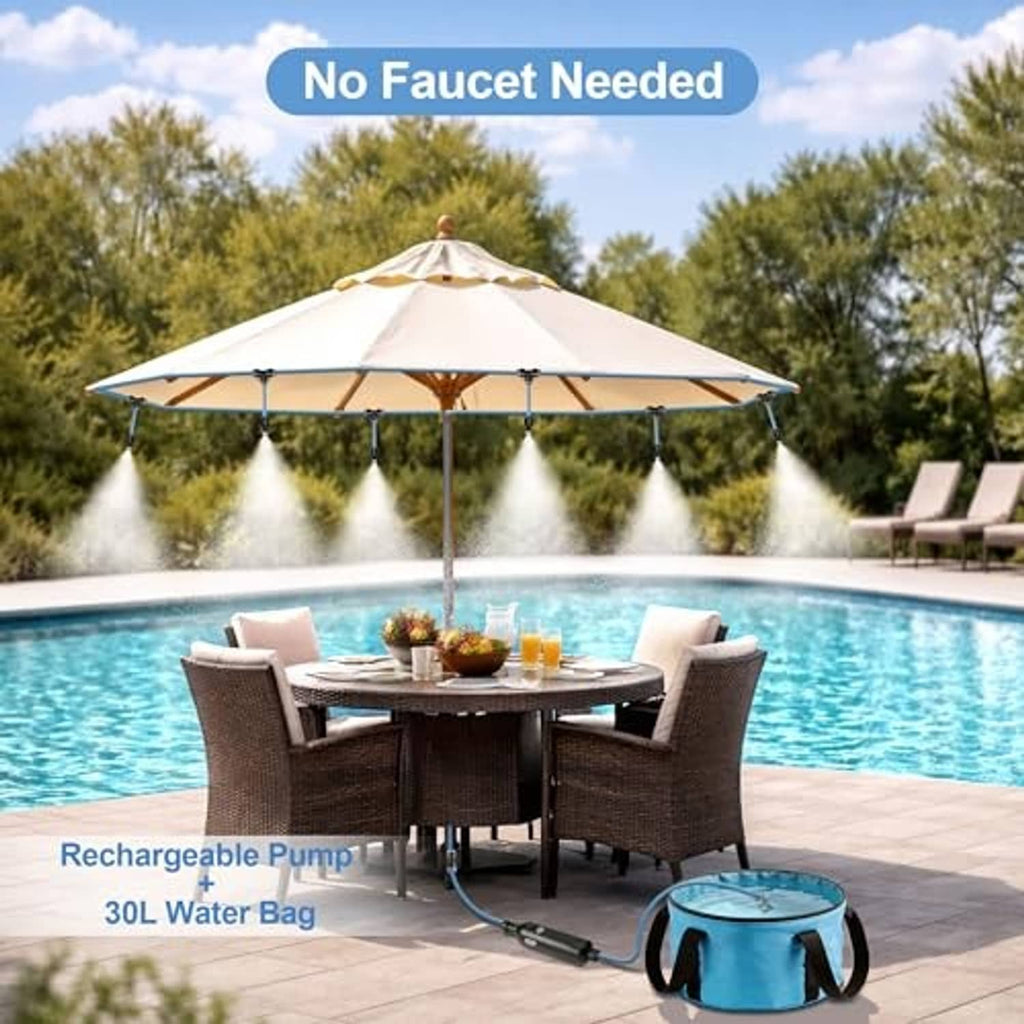 Outdoor misting system with round hose and blue 30L water bag beside patio table