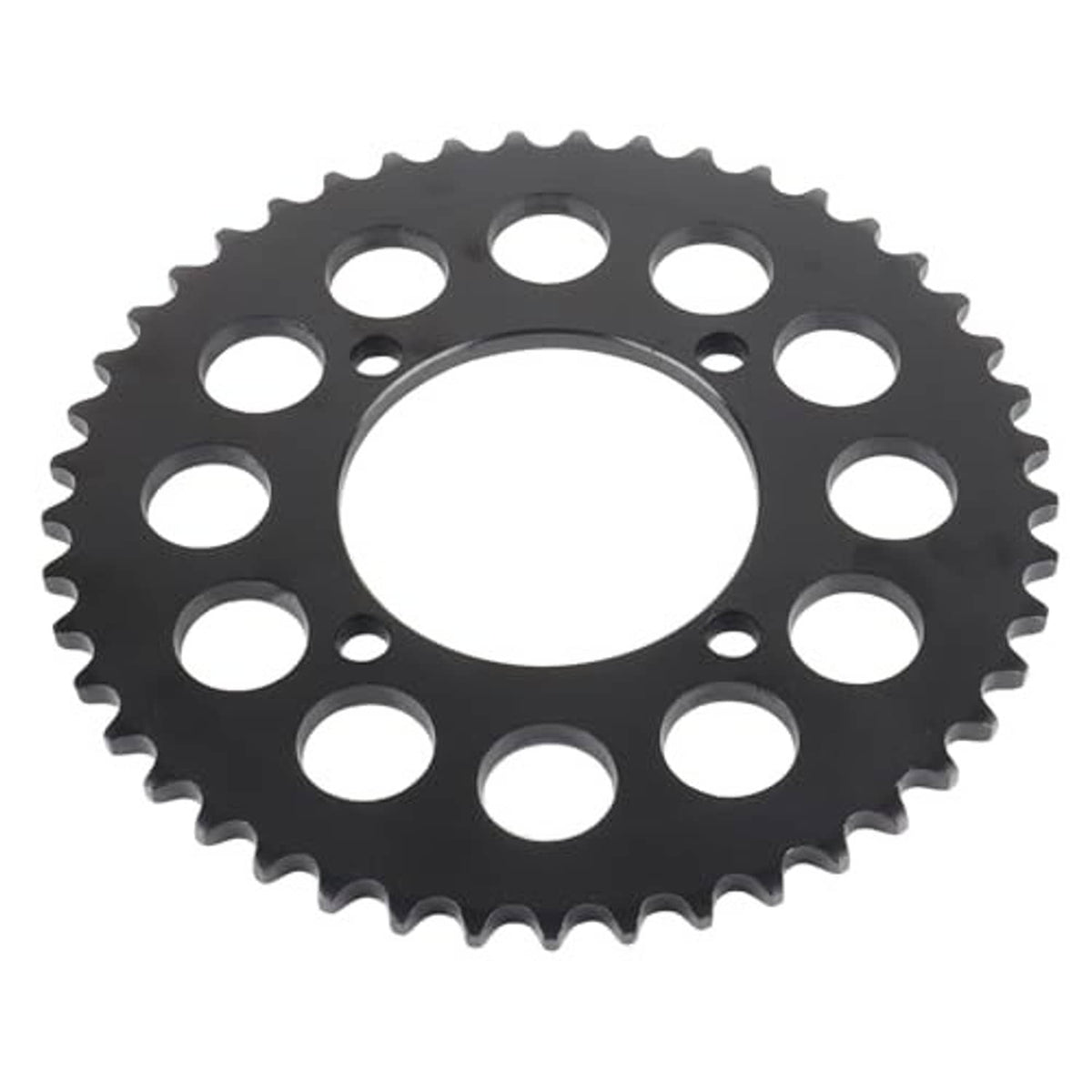 Black sprocket gear with round center and multiple bolt holes