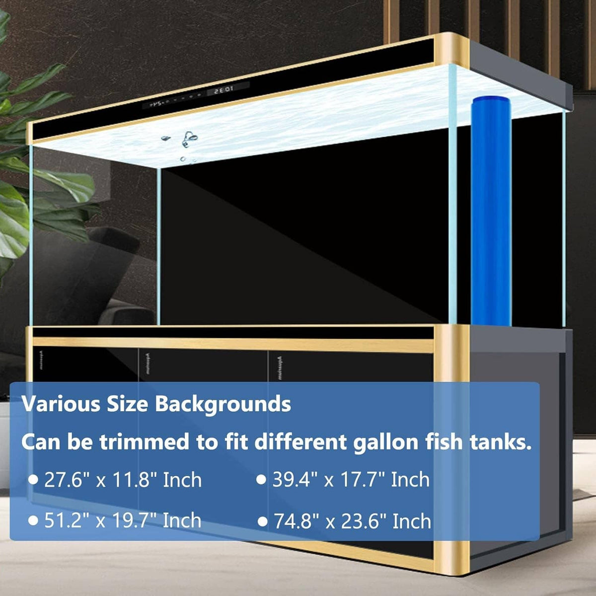 Black aquarium background film with static cling, applied to tank back panel