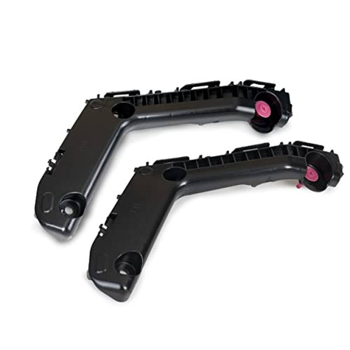 Front bumper bracket cover support mounts, black plastic, angled view, pair